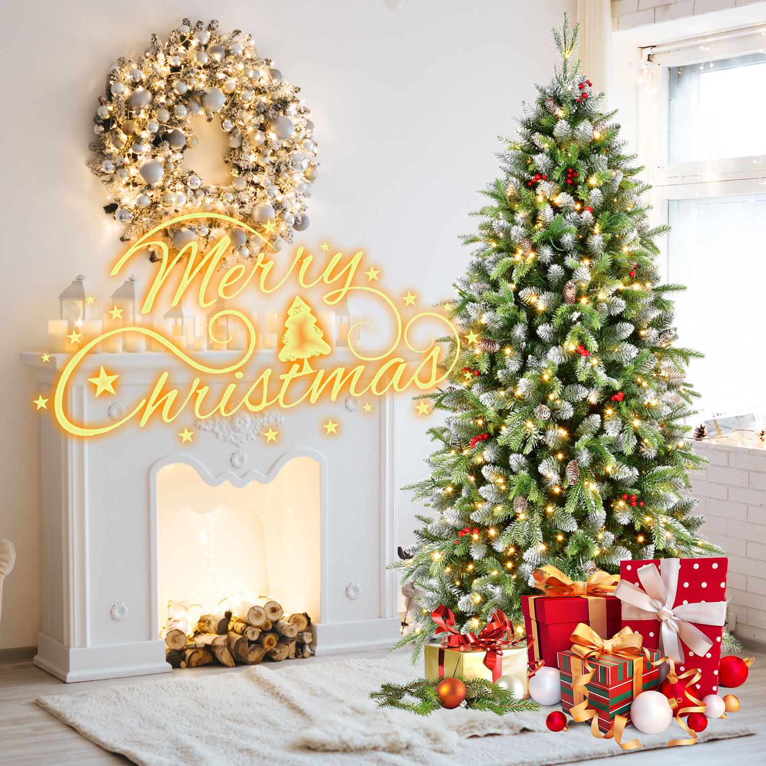 PVC & PE Mixed Warm White Christmas Tree with Red Berries and Natural Pine Cones - 6 Feet