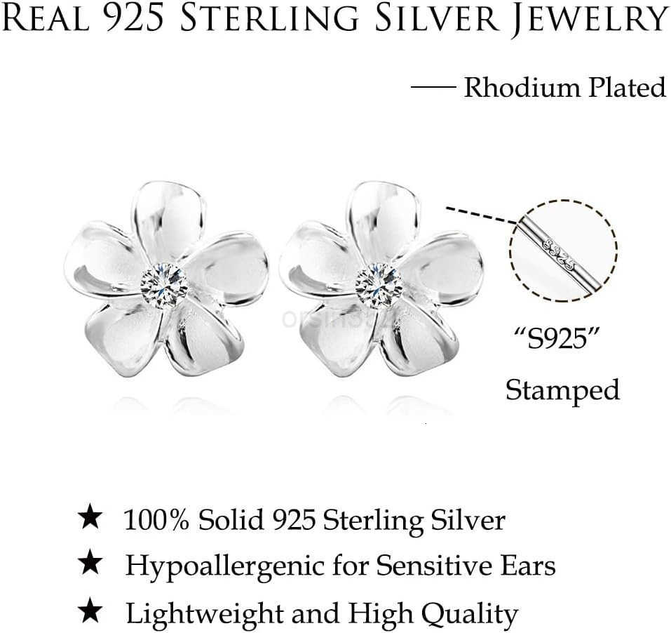 Solid 925 Sterling Silver Plumeria Flower Stud Earrings for Women Teens Crystal Flower Stud EarringsW250911
