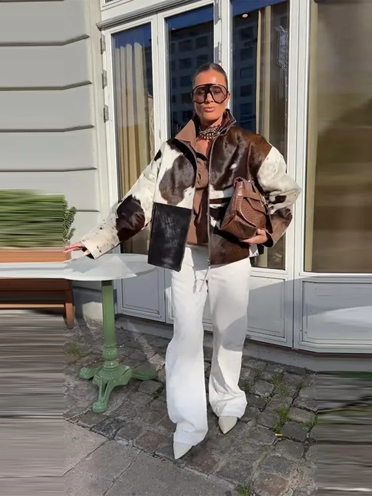 Womens Irregular Printed Jackets Cow Pattern Coats Standing Collar Zipper Jacket Autumn Woman Clothes High Street Tops 250911