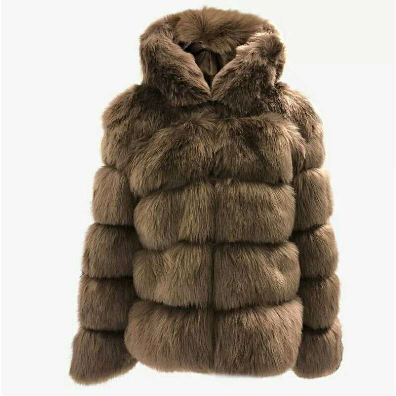 Women's Fashion Imitation Fox Fur Hooded Women's Coat Long Sleeve Cardigan