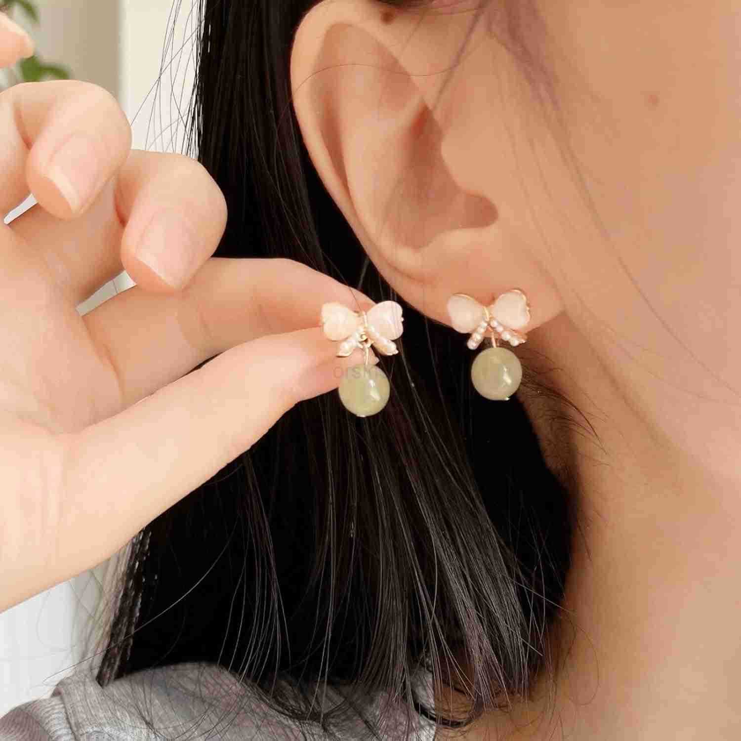 Natural Hetian Jade Bow Earrings Dainty Green Real Jade Charm Pendant Jewelry Studs Handmade Ear Stud Earrings Hoop Earrings for Women 925 Sterling Si