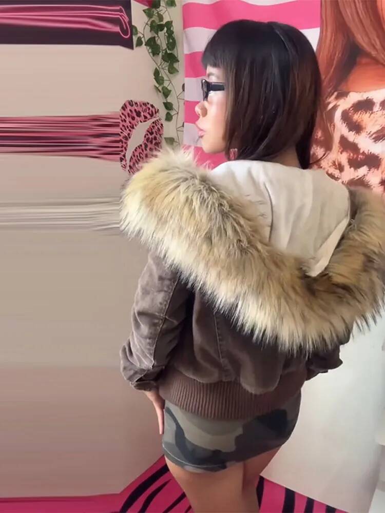 Elegant Fur Patchwork Hooded Coat Women Chic Thicken Zipper Pocket Button Female Jacket 2025 Autumn Winter Lady Streetwear