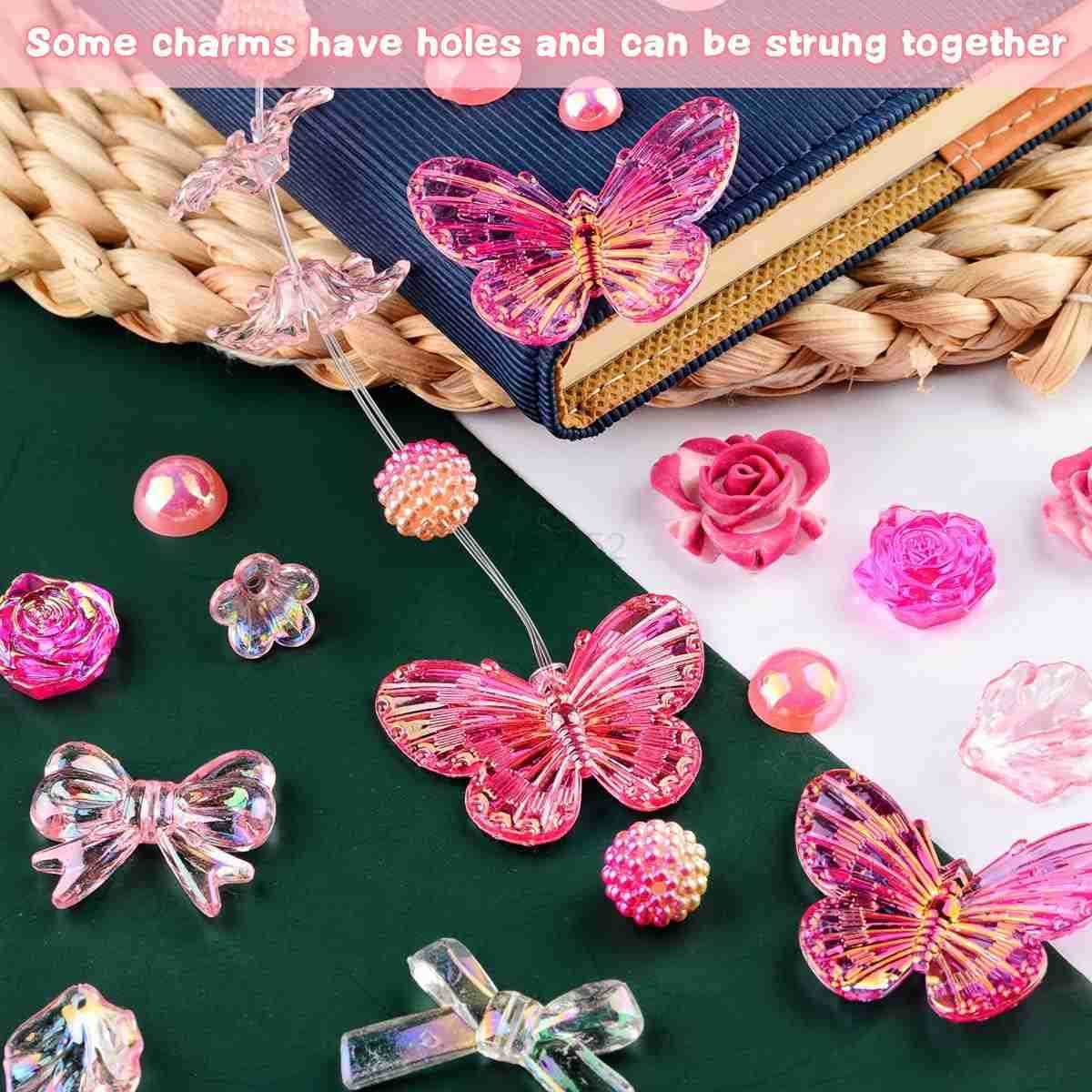 350 Pieces 3D Resin ABS Colorful Rose Flower Bows Butterfly Charms with Flatback Half Round Pearl Beads for Earring Necklace Craft DIY Making Supplies