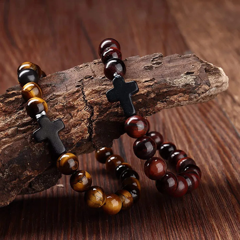 Prayer Men Natural Stone Wood Beads Rosary Hematite Cross Bracelets Onyx Meditation Bracelet Women Yoga Jewelry Homme Pulsera 250910