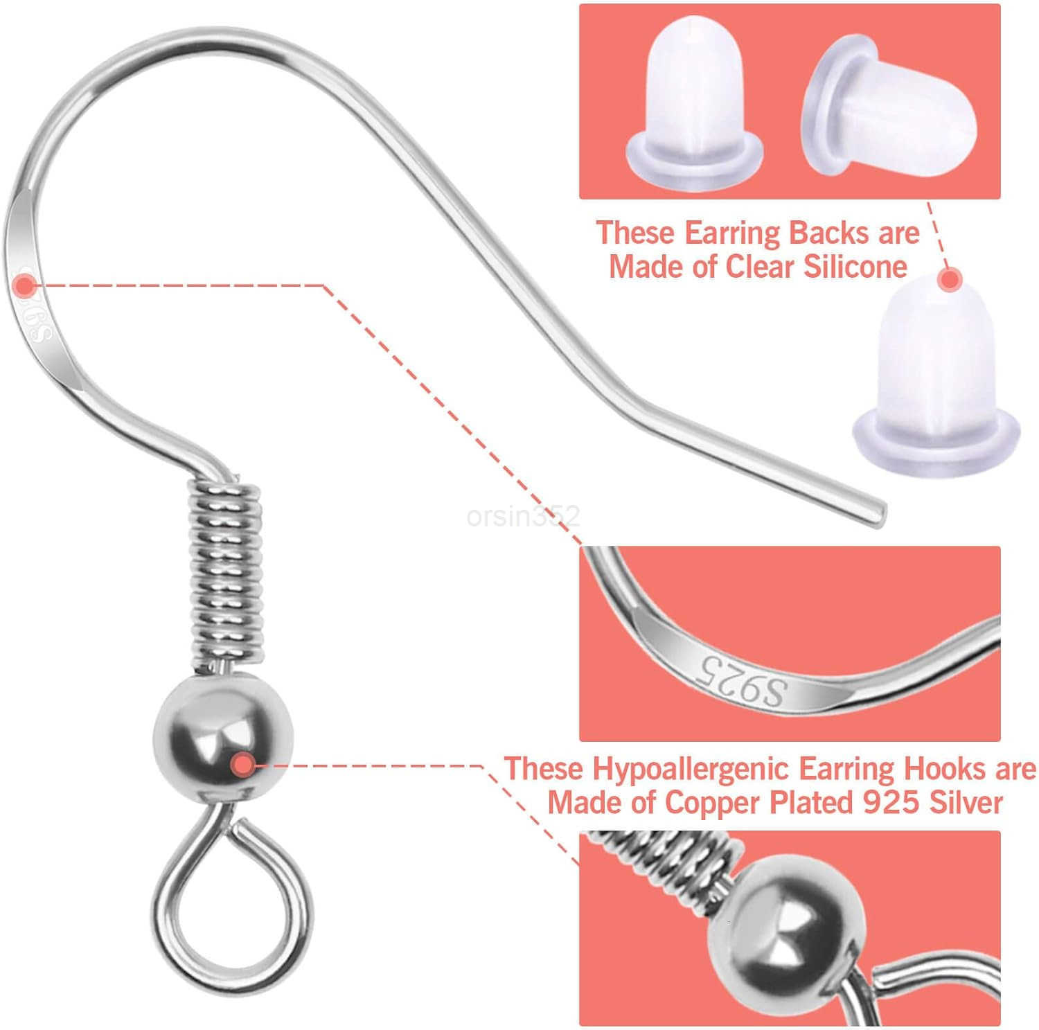 600Pcs Earring Making Kit with Hypoallergenic Hooks Jump Rings Rubber Backs SilverW250911