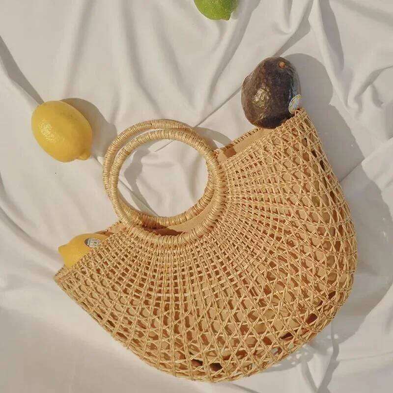Summer Boho Rattan Large Capacity Eco-Friendly Handbags Retro Semi-Circle Top-Handle Casual Tote Bag Hollow Out Beach Bags