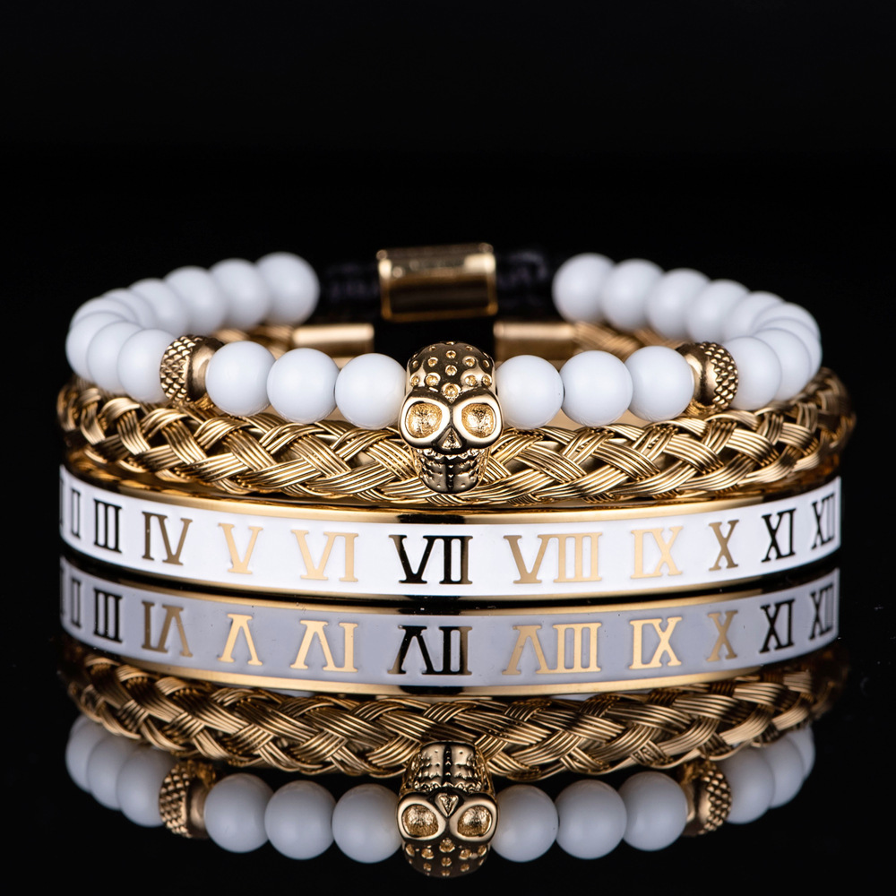 White Bead Crown Bracelet 3 Piece Set Dripping Enamel Stainless Steel Roman Numeral Bracelet for Men