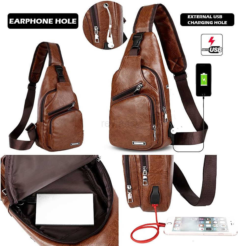 Leather Sling Bag Mens Crossbody Bag Chest Bag Sling Backpack for Men with USB Charge PortW250911