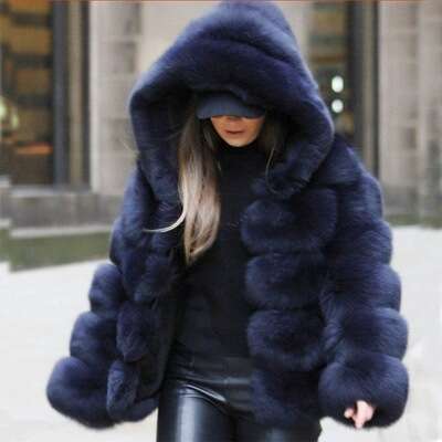 Women's Fashion Imitation Fox Fur Hooded Women's Coat Long Sleeve Cardigan