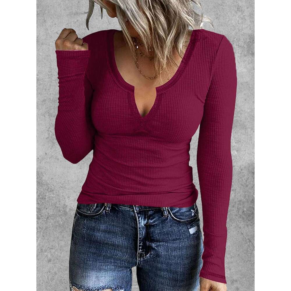 Ribbed Solid Notch Neck T-Shirt, Casual Long Sleeve Top For Spring & Fall, Women's Clothing
