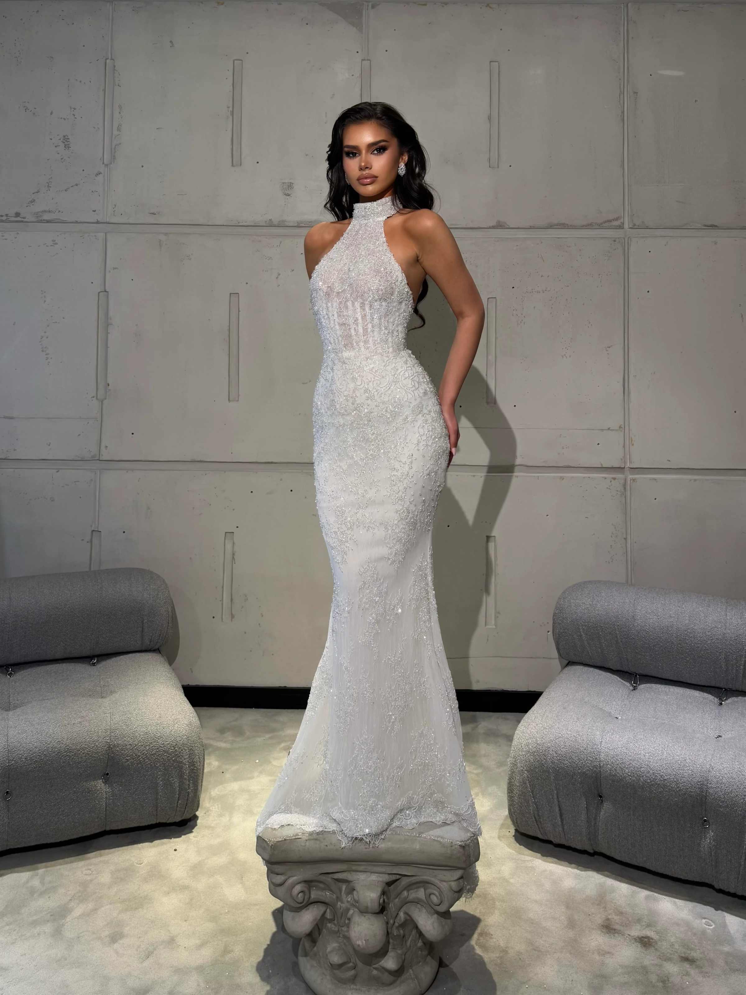 Shine Evening Dress High-Neck Mermaid Prom Gowns Shine Beads Lace Applique Prom Dress Sequined Robes De Mariee Size Customized vestido de novia L25209