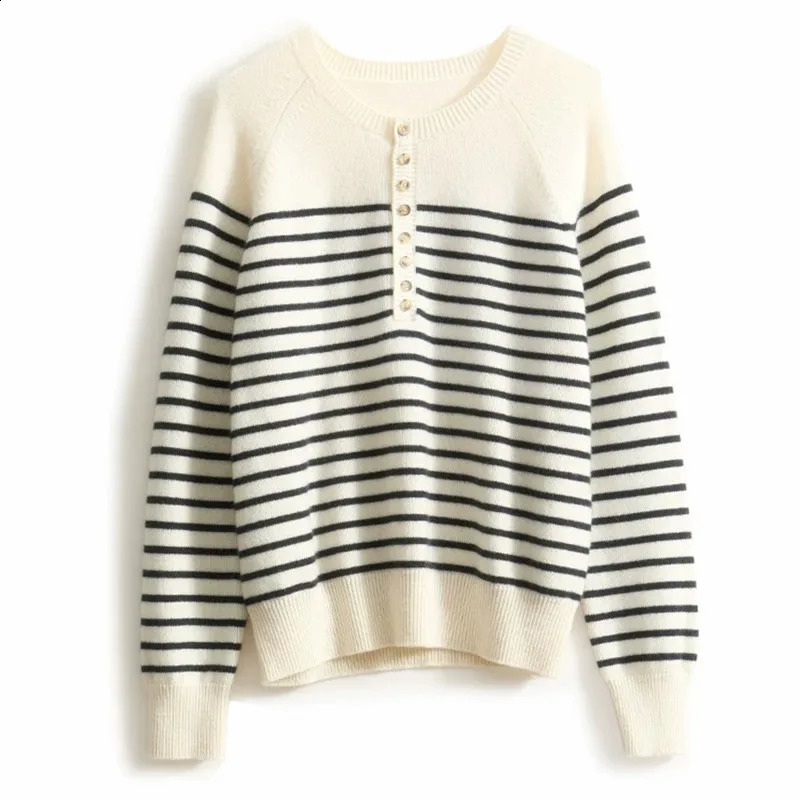 French crewneck sweater Womens halfopen neck breasted horizontal striped long sleeve pullover cashmere loose knit top 250911