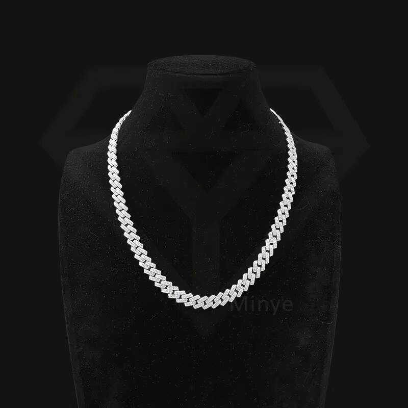 Hip Hop Style 20inch Cuban Chain Necklace 2 Rows VVS Moissanite Diamond 925 Silver 18K White Gold Plating Cuban Link Design