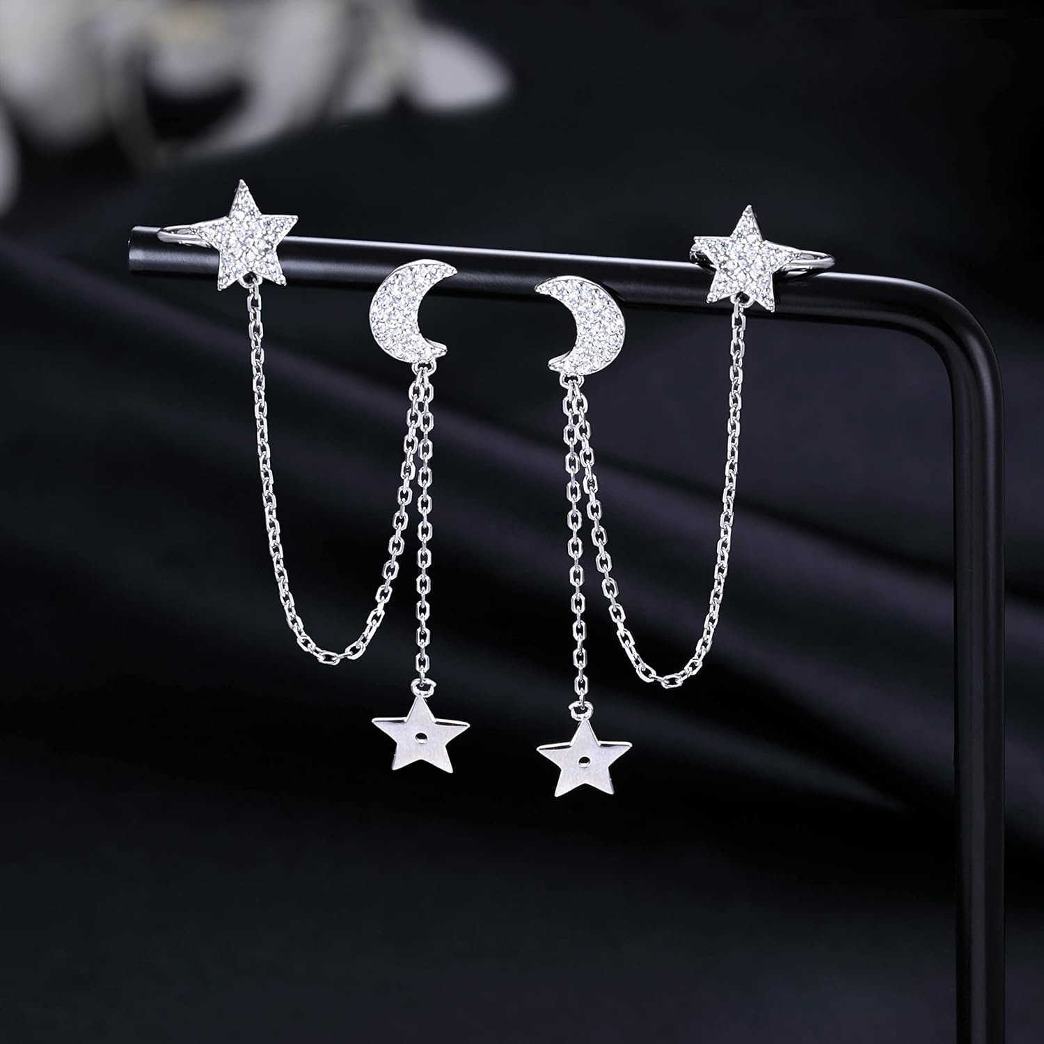 925 Sterling Silver Cuff Earrings Chain for Women Asymmetric Star Moon Earrings Crawler Dangling ChainW250911