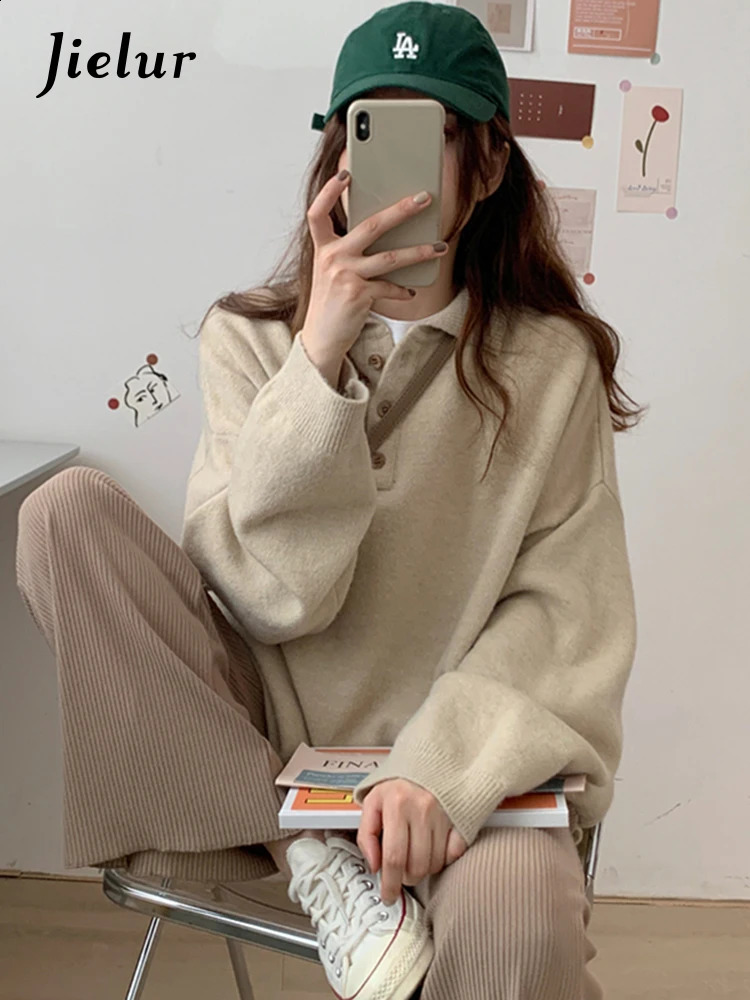 Jielur Autumn Casual Loose Pullovers Woman Street Solid Color Slim Female Apricot Polo Knitted Fashion Women Top 250911