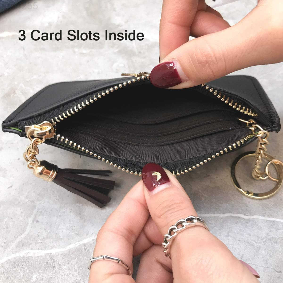 Coin Purse Change Wallet Pouch Leather Card Holder with Key Chain Tassel ZipBurgundyW250911