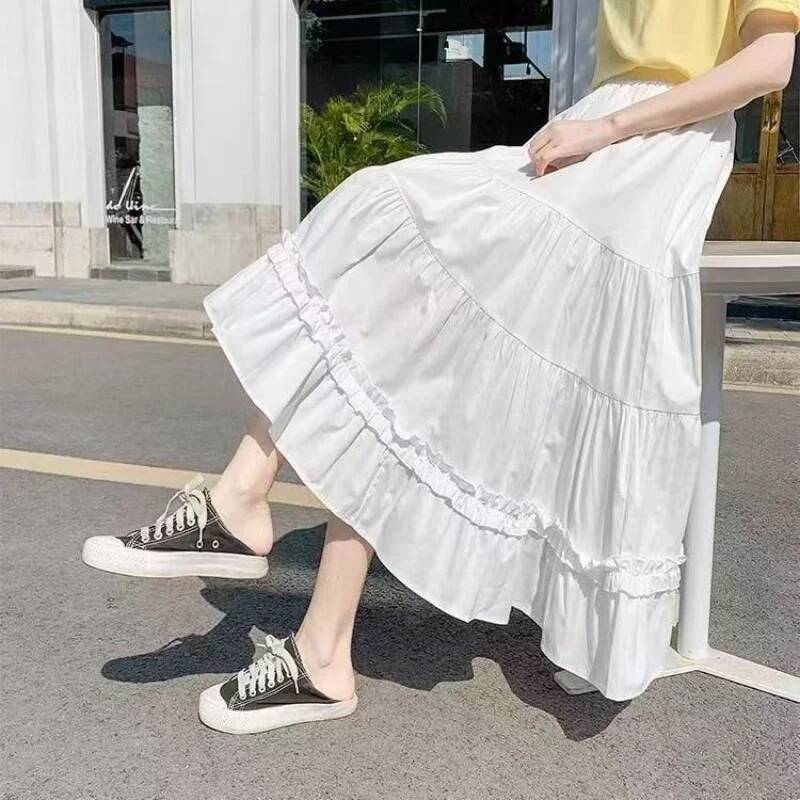 Casual Vintage Women Matching Chic Lady's White Sweet Girl's Cake Elastic Waist A-Line Mid Length Flare Skirt dongdumaoyi