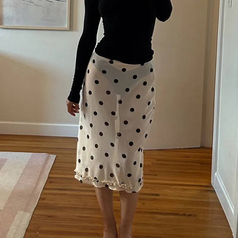 Y2k Fairy Coquette Skirts Dress Women's Midi See Through Low Rise Ruffled Hem Dot Pattern White Black Mesh Sheer Skirt dongdumaoyi