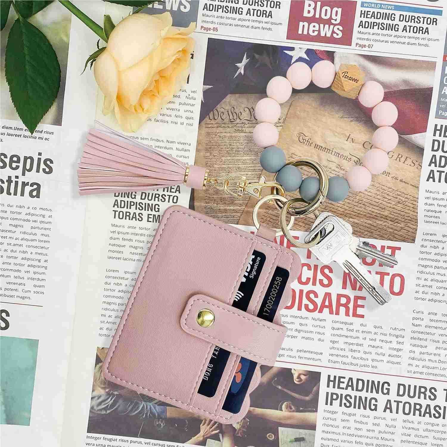 Wallet Wristlet Small Credit Card Holder Bracelet Key Chain Purse Bangle Tassel Beads Key Rings for WomenW250911
