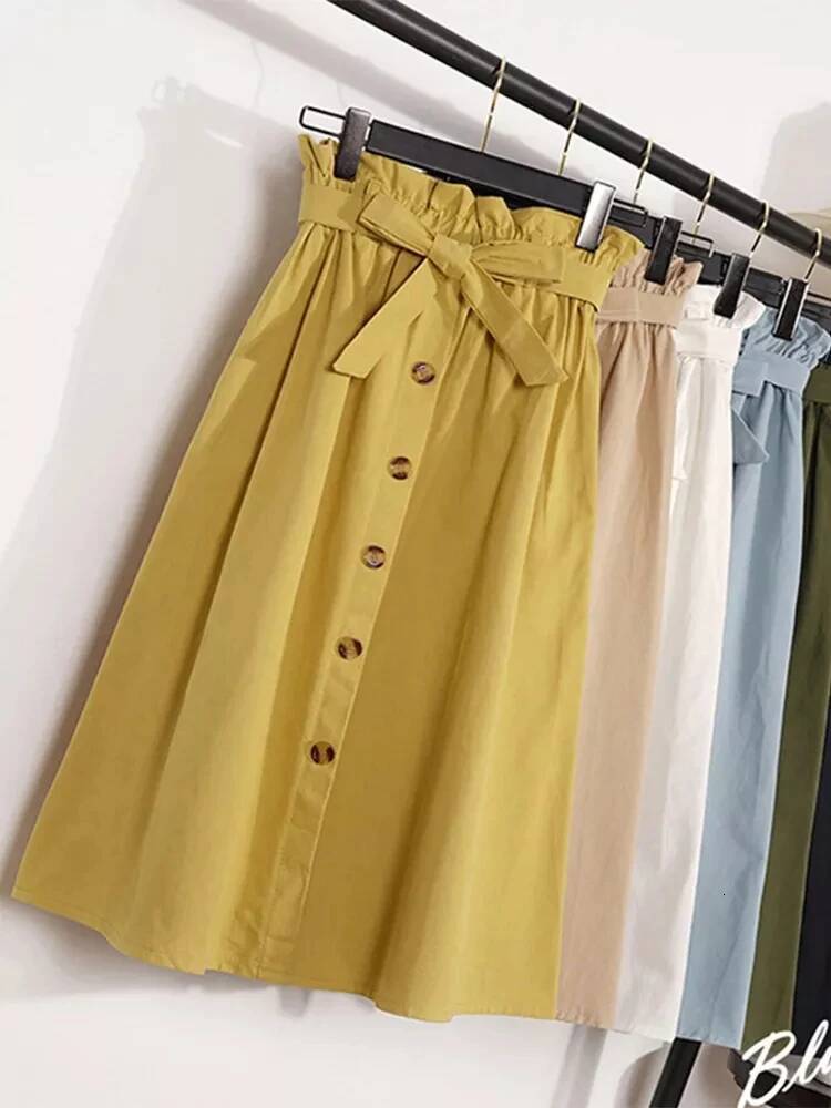 Summer Autumn Skirts Womens Midi Knee Length Korean Elegant Button High Waist Female Pleated School Skirt dongdumaoyi