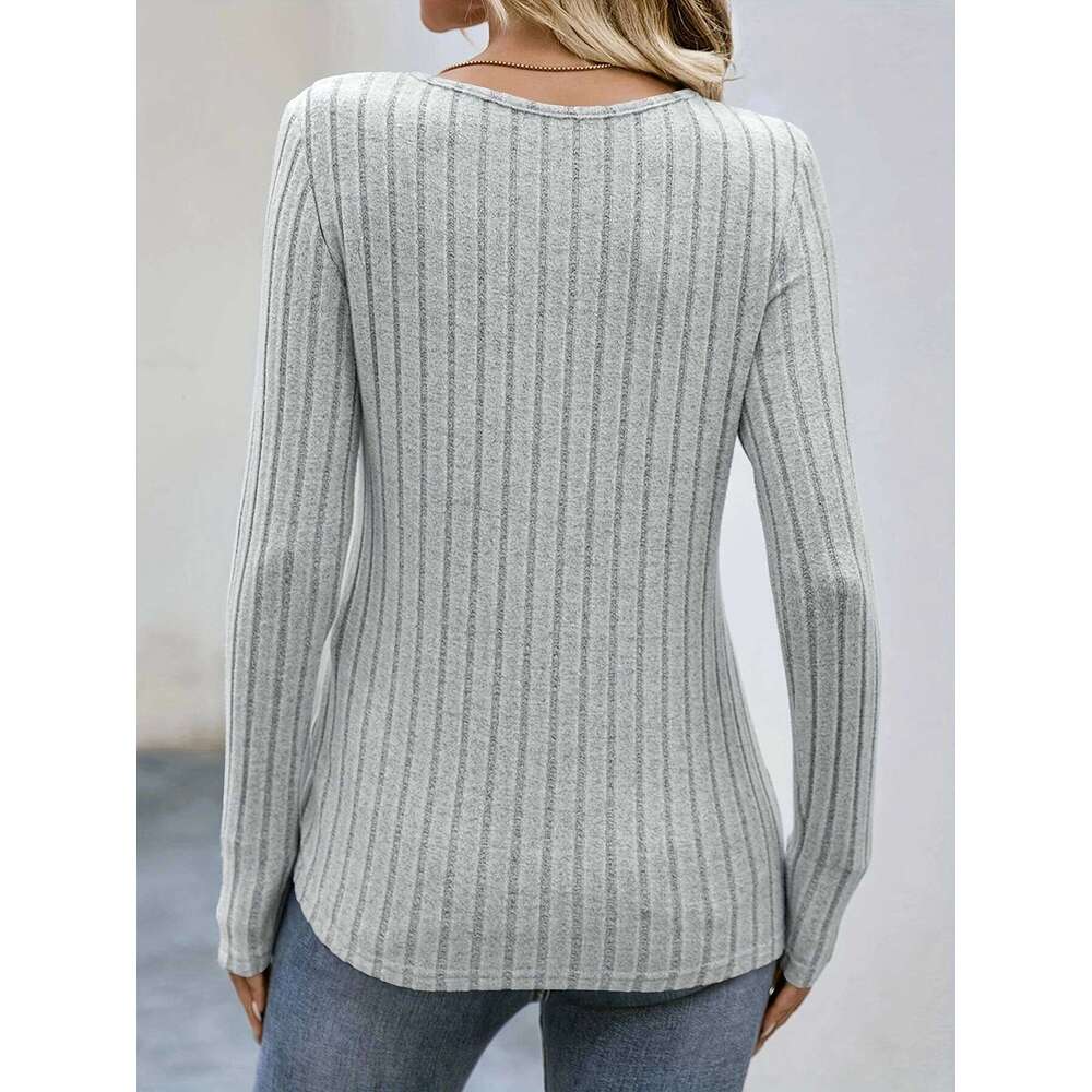 Square Neck Solid Ribbed Button Decort-Shirt, Casual Long Sleeve Top For Spring & Fall, Women's Clothing
