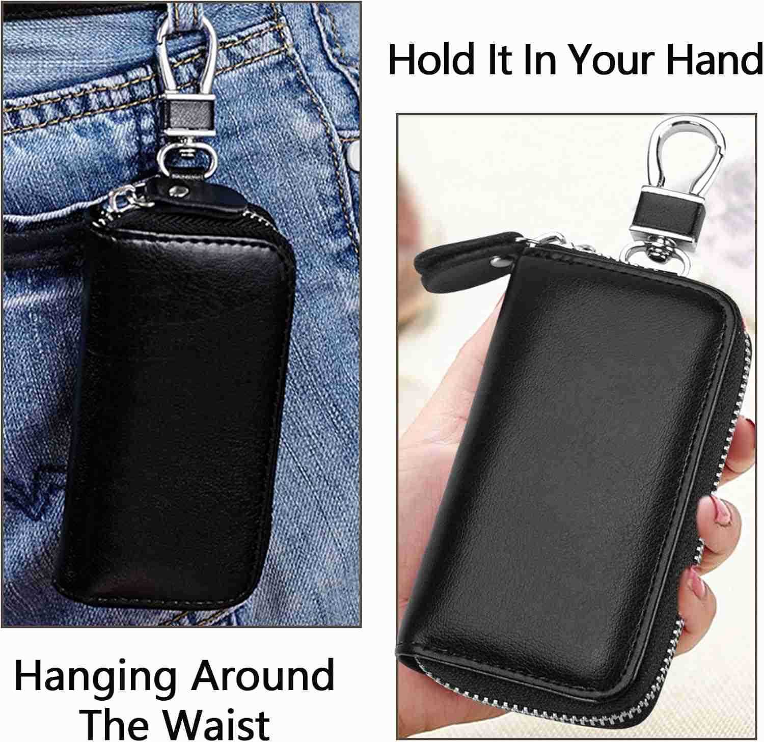 Leather Car Key Case Holder Black Keychain Case Bag Universal Car Key Fob Bags for Men Women Auto Key Chain Protector Cover Key Ring Zipper Bag with 6