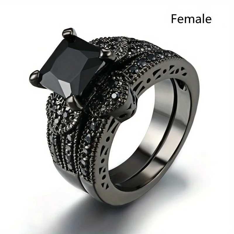 Fashion Couple Rings Women Black Heart Crystal CZ Rings Set Mens Two Rows Black CZ Stone Stainless Steel Ring Wedding Jewelry W250911