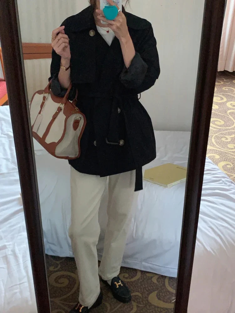 SpringAutumn Korean Fashion Waist Slimming Lace Up Jacket for Women Double Breasted Mid Length Trench Coat Clothing 250911