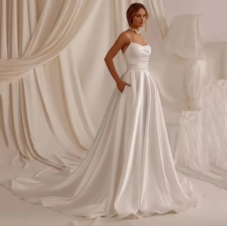 2026 New Modern Wedding Dresses Pockets Pleated Spaghetti Straps Satin Women's A Line Garden Bridal Bride Gowns Vestidos De Novia