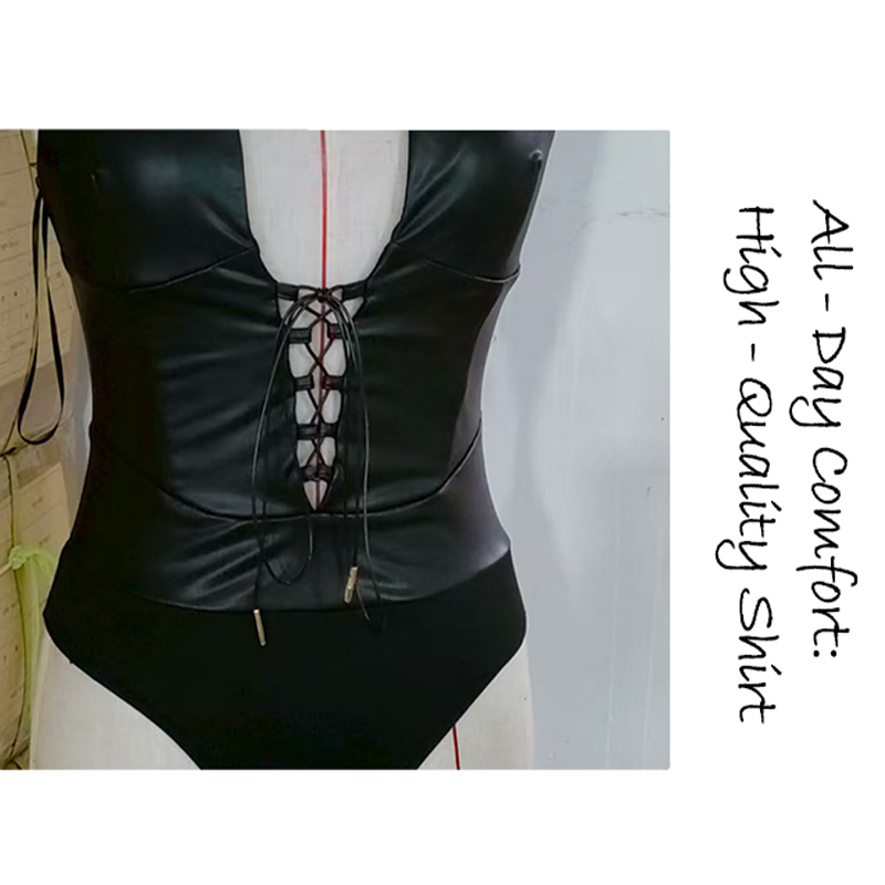 Women's Jumpsuits & Rompers Women's Black PU Leather Halter Deep V Lace - up Bodysuit