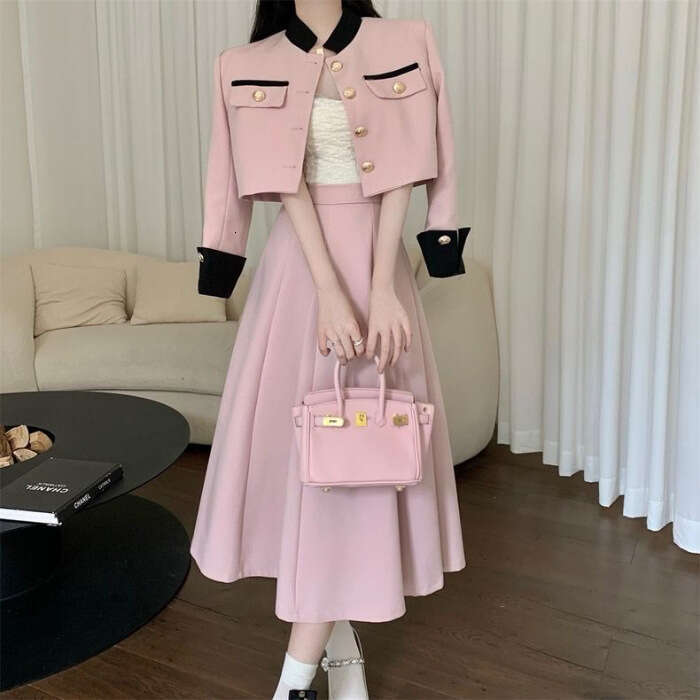 DHEssentials Plus Size Slimming Little Chanel Style Velvet Suit High-end French Coat Top High-waisted Skirt Two-piece Set for Women