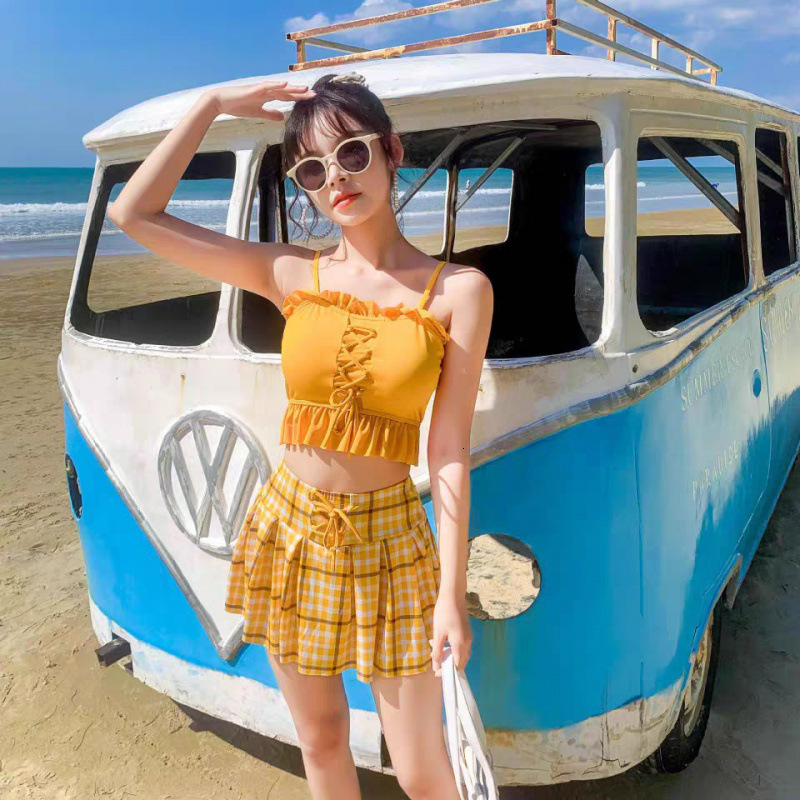 Korean Cute Fresh Plaid Skirt Style Two-Piece Bikini Small Chest Slimming Student Conservative Swimsuit