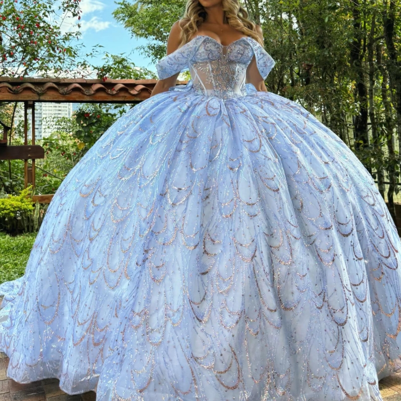Light Blue Shiny Ball Gown Quinceanera Dresses Off The Shoulder Beading Crystal Tull Party Birthday Sweet 16 Dress Vestidos 15 De Anos
