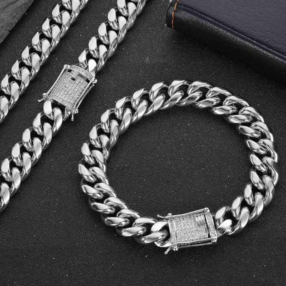 Hip Hop 8MM Mens Miami Stainless Steel Gold Chain Iced Out 18K Gold Plated Cuban Necklace