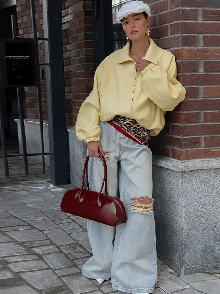 Retro PU Leather Zipper Jacket Women Fashion Lapel Loose Light Yellow Jackets Lady Versatile Casual Chic Street Outwear 250911