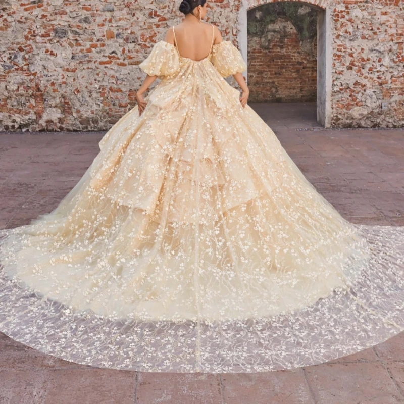 Light Champagne Shiny Quinceanera Dresses Ball Gown Spaghetti Strap Applique Lace Beading Crystal Tull Sweet 16 Dress Vestidos 15 De Anos