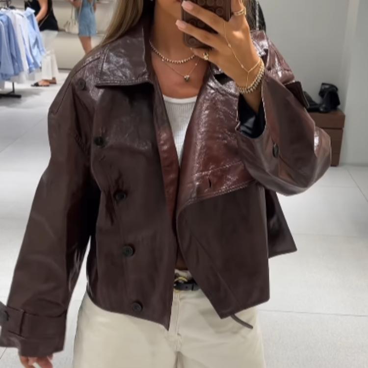 Leather Women's Jacket Burgundy Stand Collar Long Sleeve Asymmetry Button Female Coat Autumn Lady Street Locomotive Outerwear