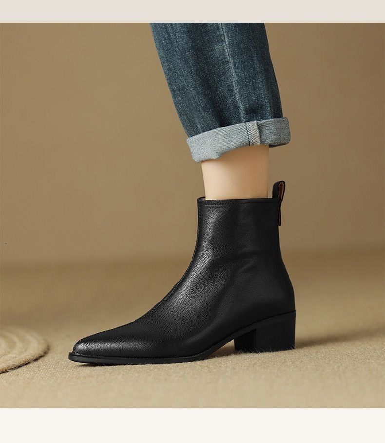 Autumn new designer shoes British retro pointed leather short boots thick heels autumn and winter wool lining warm boots for women