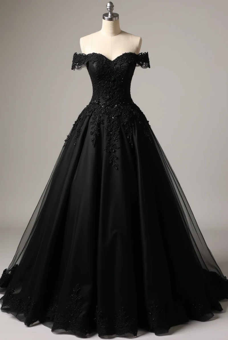 Classic A-Line Black Gothic Wedding Dresses Off The Shoulder Lace Appliques Sweetheart Floor Length Bridal Gowns Back Lace-Up