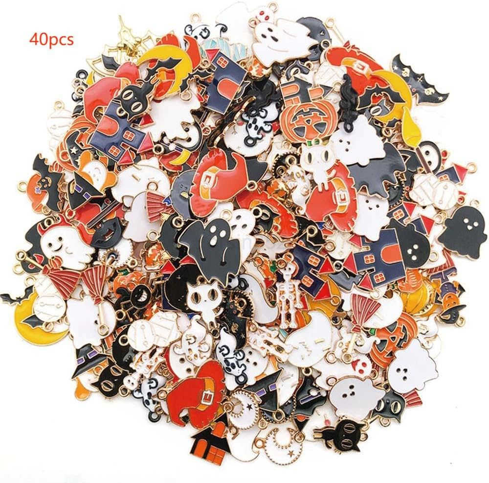 24Pcs Alloy Drip Oil Halloween Crow Series Pendant Jewelry Making DIY Keychain Earrings Pendant Various Design Charms for Jewelry Making s NecklaW2509