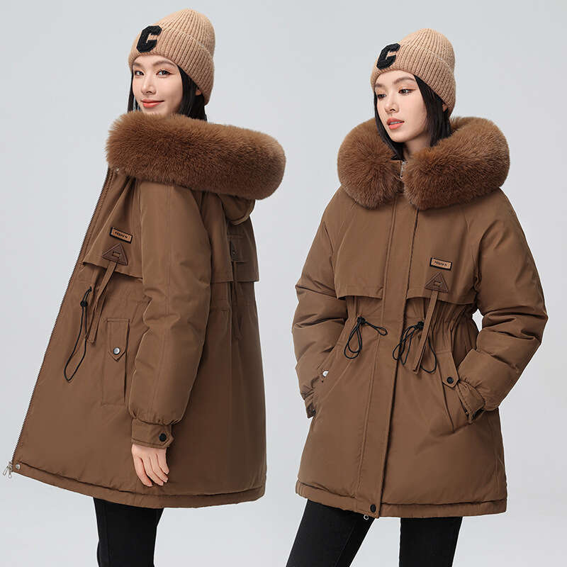 New Women's Korean Version Versatile Mid-Length Jacket Winter Fleece Cotton Coat with Large Fur Collar