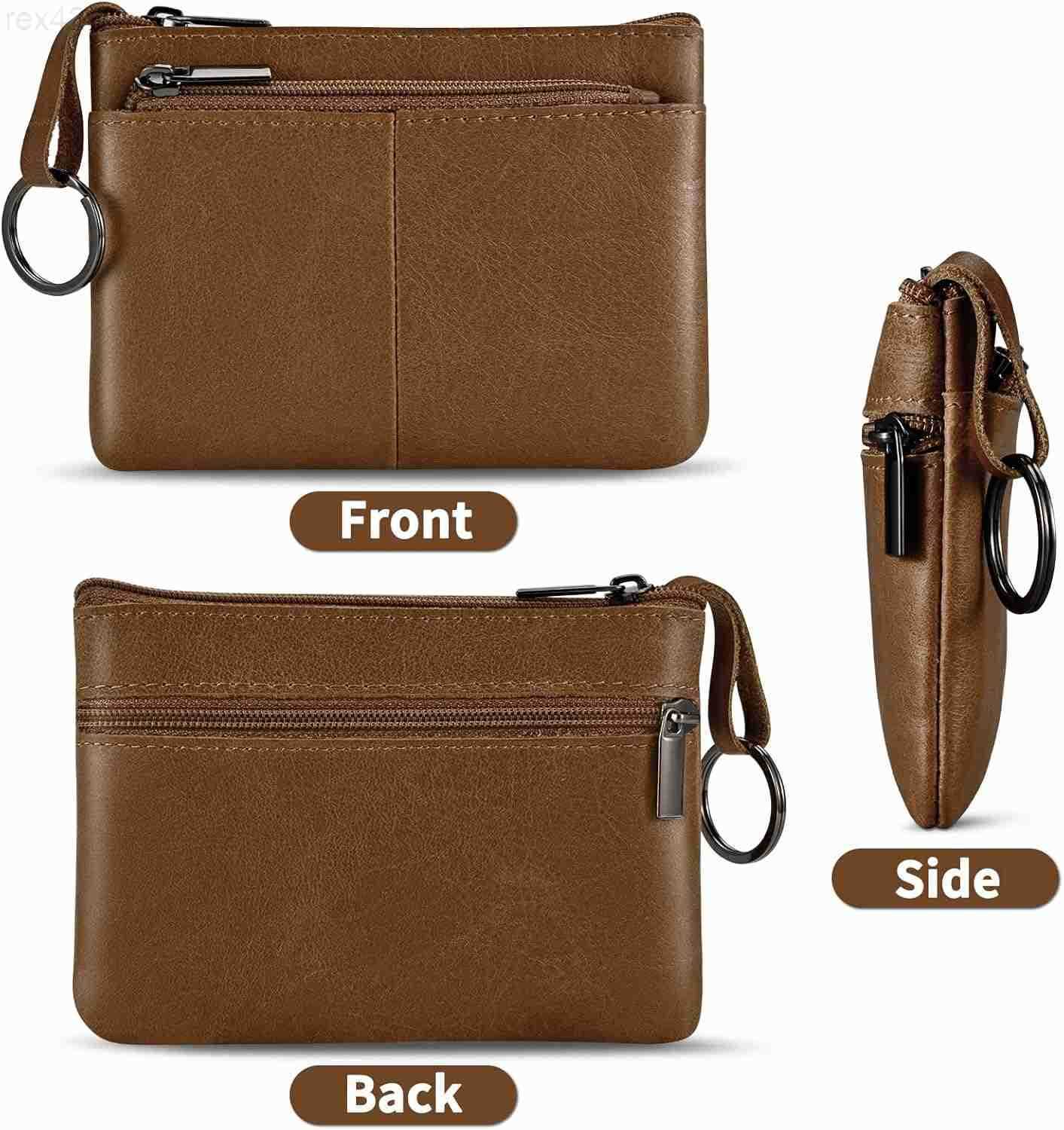 Red Genuine Leather MultiFunctional Wallet Compact Card Holder Coin Purse Key Organizer with 3 Zippers Builtin Key Ring Perfect for Travel Work Daily 