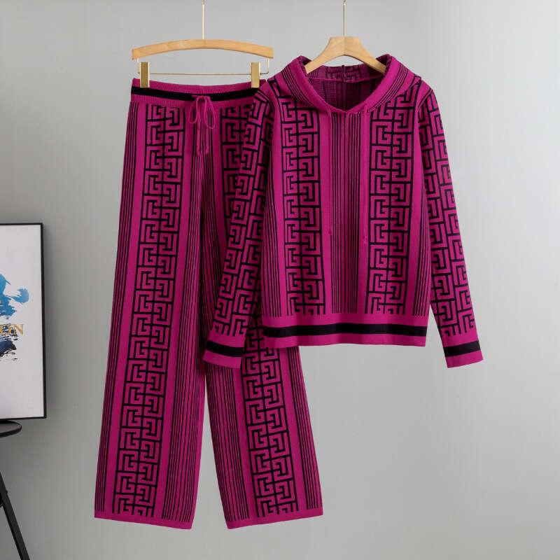 Knitted Suit For Women, Autumn And Winter, Elegant Hooded Sweater, Slimming Wide-Leg Pants, Two-Piece Set, Trendy