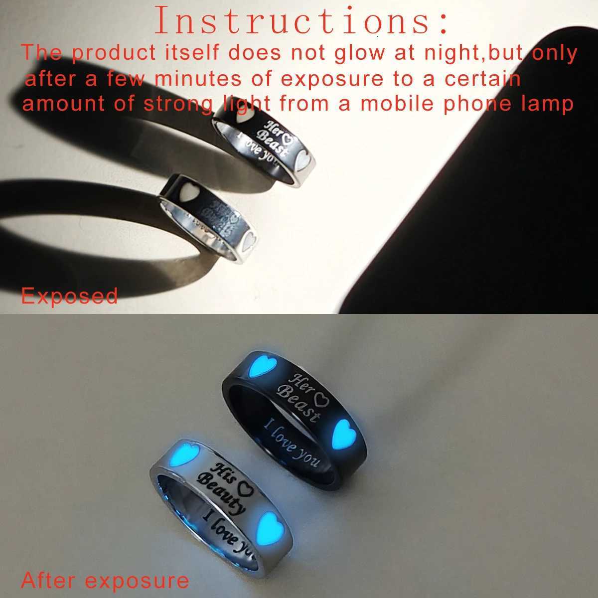 2 piecessets of luminous heart simple Heart his beauty her beast couple Rings Ladies fashionable love Promise rings W250911