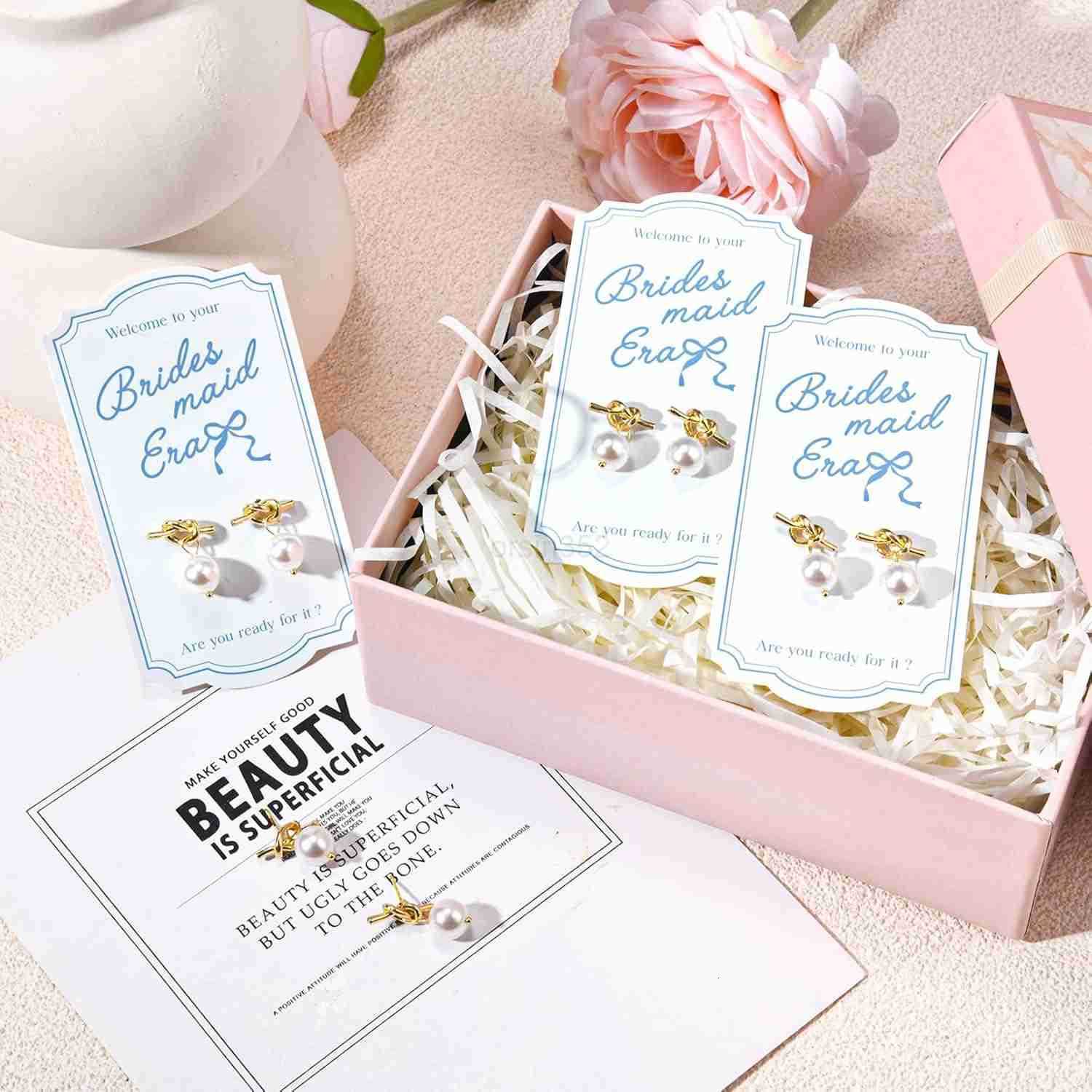 Pearl Knot Bridesmaid Earrings Gold Proposal Box Gifts with Card Bridesmaid Jewelry Bachelorette Bridal Party Wedding FavorsW250911