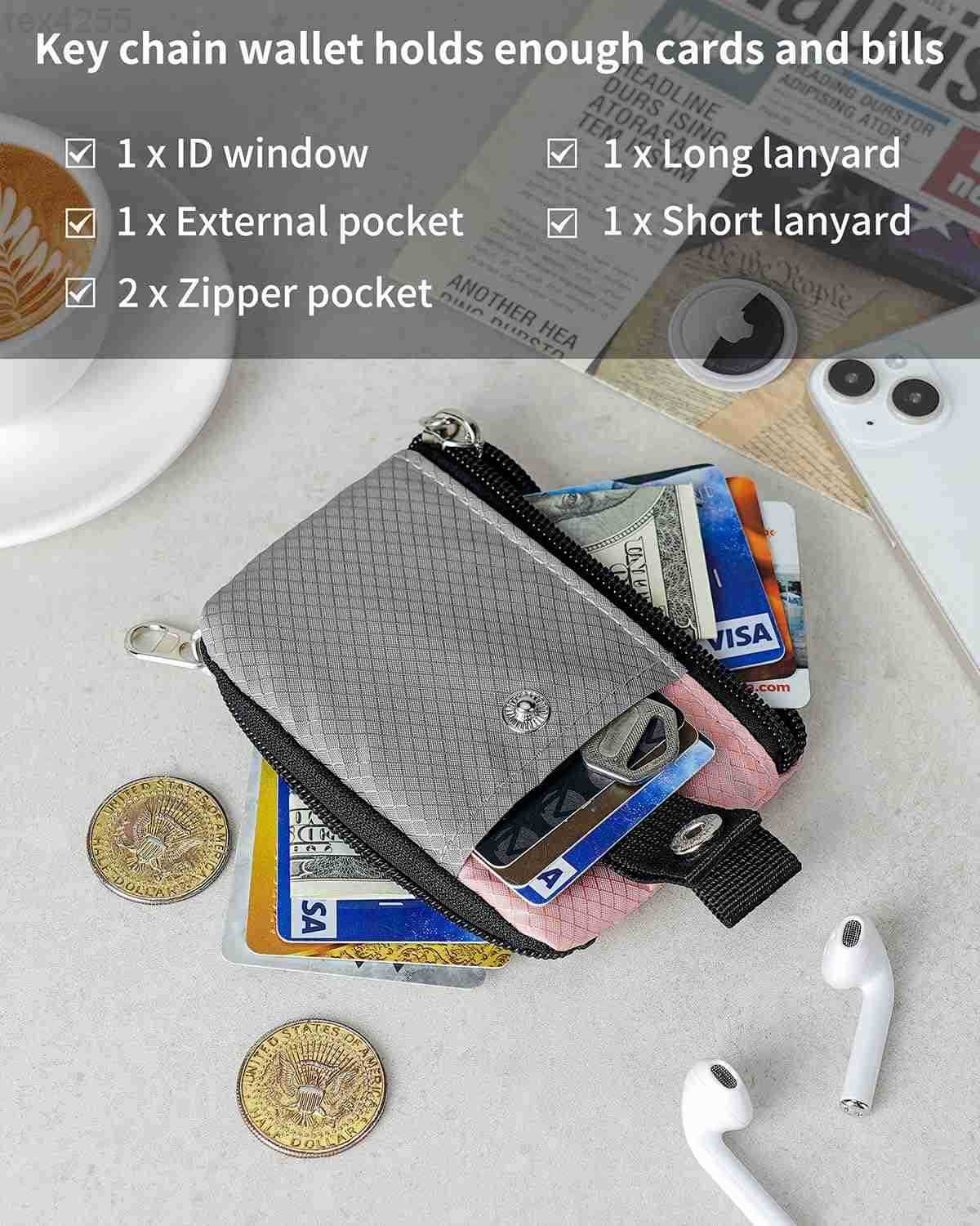 Minimalist Wallet For Mens Womens Keychain RFID Blocking Zipper Small Wallet with ID Window 2 LanyardsWater Resistant Travel Cash Card Coin Case Boys 