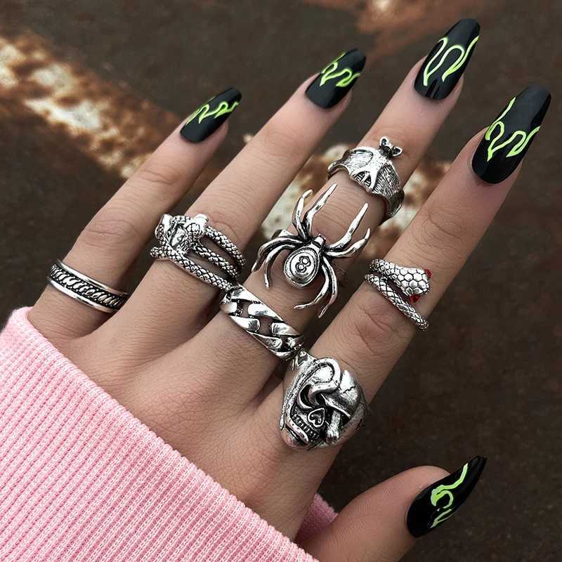 7PcsSet Punk Gothic Snake Spider Ring Set For Women Retro Rhinestone Charm Billiards Finger Jewelry W250911