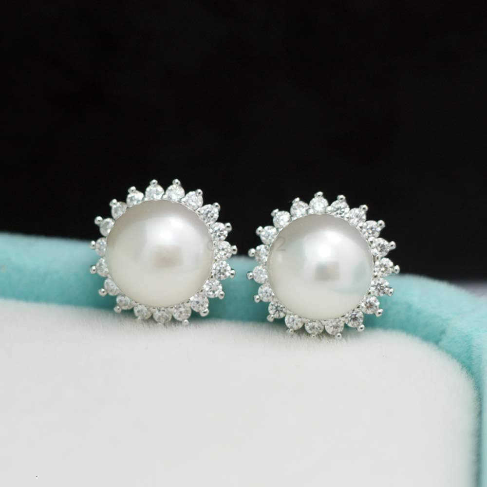 Sterling Silver 859mm White Freshwater Cultured Pearl Earrings Studs AAA Zirconia Earrings Gift for WomenW250911
