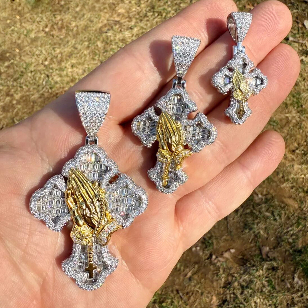 Hip Hop Praying Hands Cross Pendant Necklace 5A Zircon Boy Men Religion Jewelry