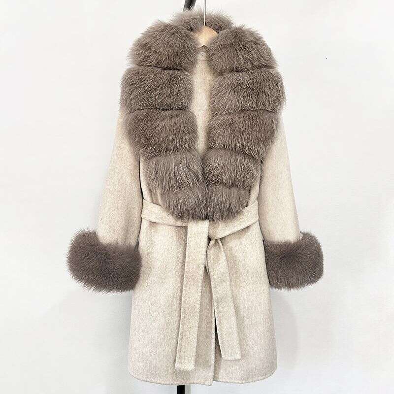Women's Long Wool & Cashmere Coat With Real Fox Fur Collar - Double-Faced Winter Trench Coat, Slim Fit Belted Dressy Outerwear, Elegant Overcoat 